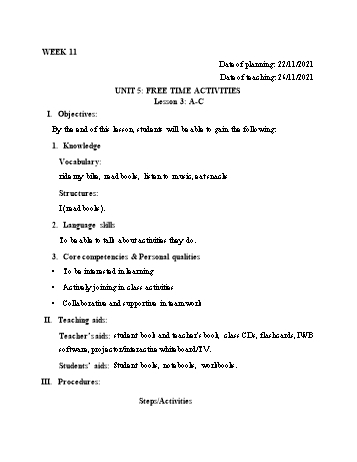 Kế hoạch bài dạy Tiếng Anh Lớp 2 - Tuần 11. Unit 5: Free Time Activities - Năm học 2021-2022 - Cao Văn Hùng