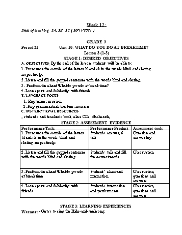 Kế hoạch bài dạy Tiếng Anh Lớp 3, 4 (CV2345) - Tuần 12 - Năm học 2021-2022 - Ngô Thị Phương Thảo