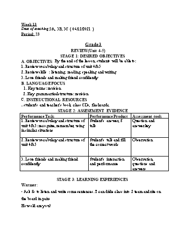 Kế hoạch bài dạy Tiếng Anh Lớp 3, 4 (CV2345) - Tuần 13 - Năm học 2021-2022 - Ngô Thị Phương Thảo Kế hoạch bài dạy Tiếng Anh Lớp 3, 4 (CV2345) - Tuần 13 - Năm học 2021-2022 - Ngô Thị Phương Thảo