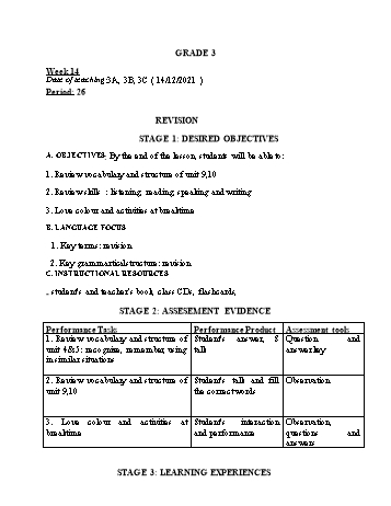 Kế hoạch bài dạy Tiếng Anh Lớp 3, 4 (CV2345) - Tuần 14 - Năm học 2021-2022 - Ngô Thị Phương Thảo Kế hoạch bài dạy Tiếng Anh Lớp 3, 4 (CV2345) - Tuần 14 - Năm học 2021-2022 - Ngô Thị Phương Thảo