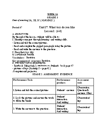 Kế hoạch bài dạy Tiếng Anh Lớp 3, 4 (CV2345) - Tuần 24 - Năm học 2021-2022 - Ngô Thị Phương Thảo Kế hoạch bài dạy Tiếng Anh Lớp 3, 4 (CV2345) - Tuần 24 - Năm học 2021-2022 - Ngô Thị Phương Thảo