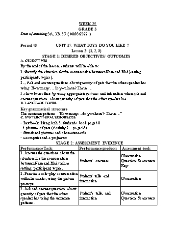 Kế hoạch bài dạy Tiếng Anh Lớp 3, 4 (CV2345) - Tuần 25 - Năm học 2021-2022 - Ngô Thị Phương Thảo Kế hoạch bài dạy Tiếng Anh Lớp 3, 4 (CV2345) - Tuần 25 - Năm học 2021-2022 - Ngô Thị Phương Thảo