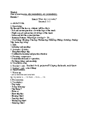 Kế hoạch bài dạy Tiếng Anh Lớp 4 - Tuần 4 - Năm học 2021-2022 - Ngô Thị Phương Thảo
