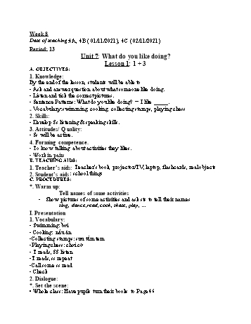 Kế hoạch bài dạy Tiếng Anh Lớp 4 - Tuần 8 - Năm học 2021-2022 - Ngô Thị Phương Thảo