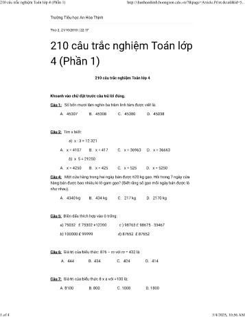 Tổng hợp 210 Câu hỏi trắc nghiệm Toán Lớp 4 - Phần 1 - Trường Tiểu học An Hòa Thịnh