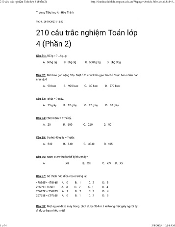Tổng hợp 210 Câu hỏi trắc nghiệm Toán Lớp 4 - Phần 2 - Trường Tiểu học An Hòa Thịnh