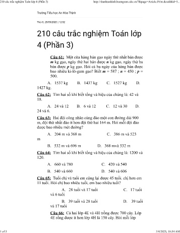 Tổng hợp 210 Câu hỏi trắc nghiệm Toán Lớp 4 - Phần 3 - Trường Tiểu học An Hòa Thịnh