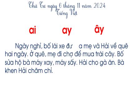 Bài giảng Tiếng Việt 1 - Ai, ay, ây - Năm học 2024-2025