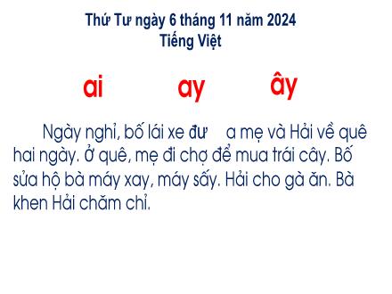 Bài giảng Tiếng Việt 1 (Kết nối tri thức) - Ai, ay, ây - Năm học 2024-2025
