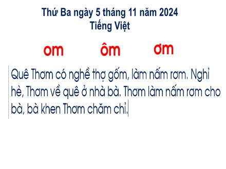 Bài giảng Tiếng Việt 1 (Kết nối tri thức) - Om, ôm, ơm - Năm học 2024-2025