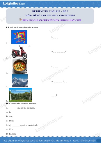 Đề kiểm tra cuối kì 2 môn Tiếng anh 5 (Family and friends) - Đề 5