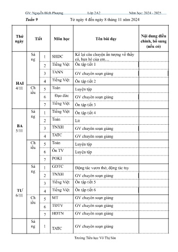 Giáo án các môn Lớp 2 - Tuần 9 - Năm học 2024-2025 - Nguyễn Bích Phượng