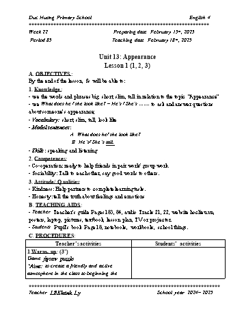 Giáo án môn Tiếng Anh Lớp 4 - Tuần 22 - Năm học 2024-2025 - Lê Khánh Vy