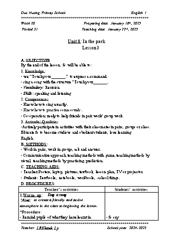 Giáo án Tiếng Anh 1 - Tuần 16 - Năm học 2024-2025 - Lê Khánh Vy