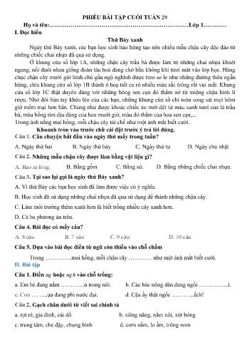 Phiếu bài tập cuối tuần môn Tiếng Việt - Tuần 29