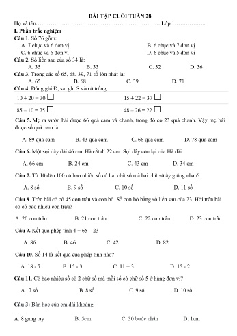 Phiếu bài tập cuối tuần môn Toán 1 (Kết nối tri thức) - Tuần 28