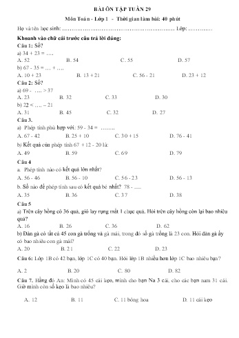 Phiếu bài tập cuối tuần môn Toán 1 (Kết nối tri thức) - Tuần 29