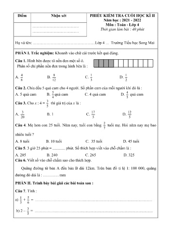 Phiếu kiểm tra cuối học kì 2 môn Toán 4 - Năm học 2021-2022 - Trường TH Song Mai (Có đáp án)